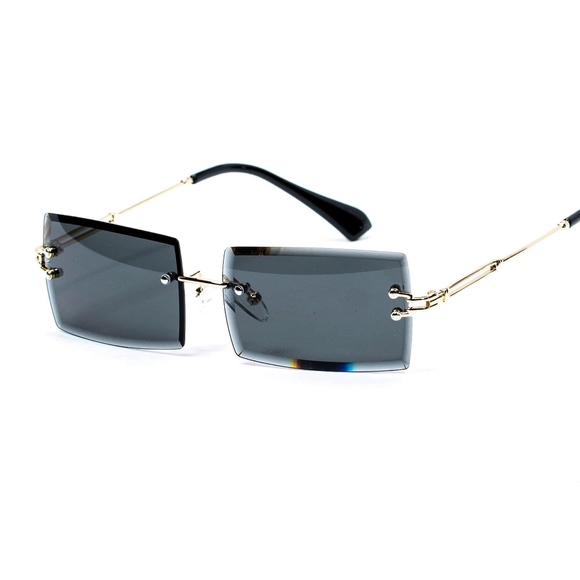 Rimless Gold Black Rectangular Mens Sunglasses - Picture 4 of 4